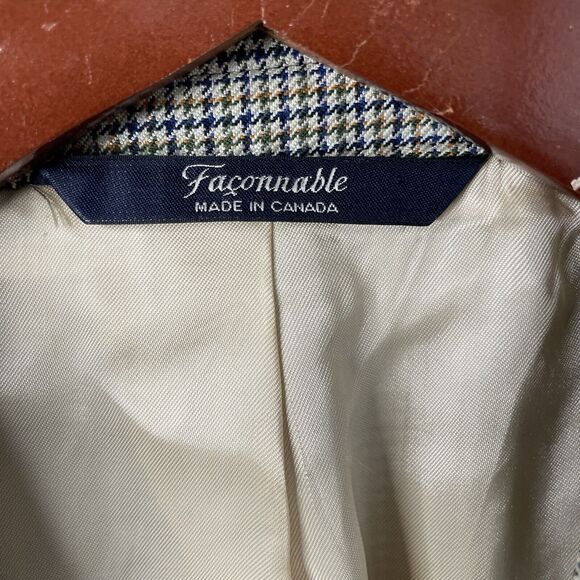 Faconnable Wool Silk Windowpane Houndstooth Blazer Tan Navy Green Men’s Sz 42L - Picture 10 of 13